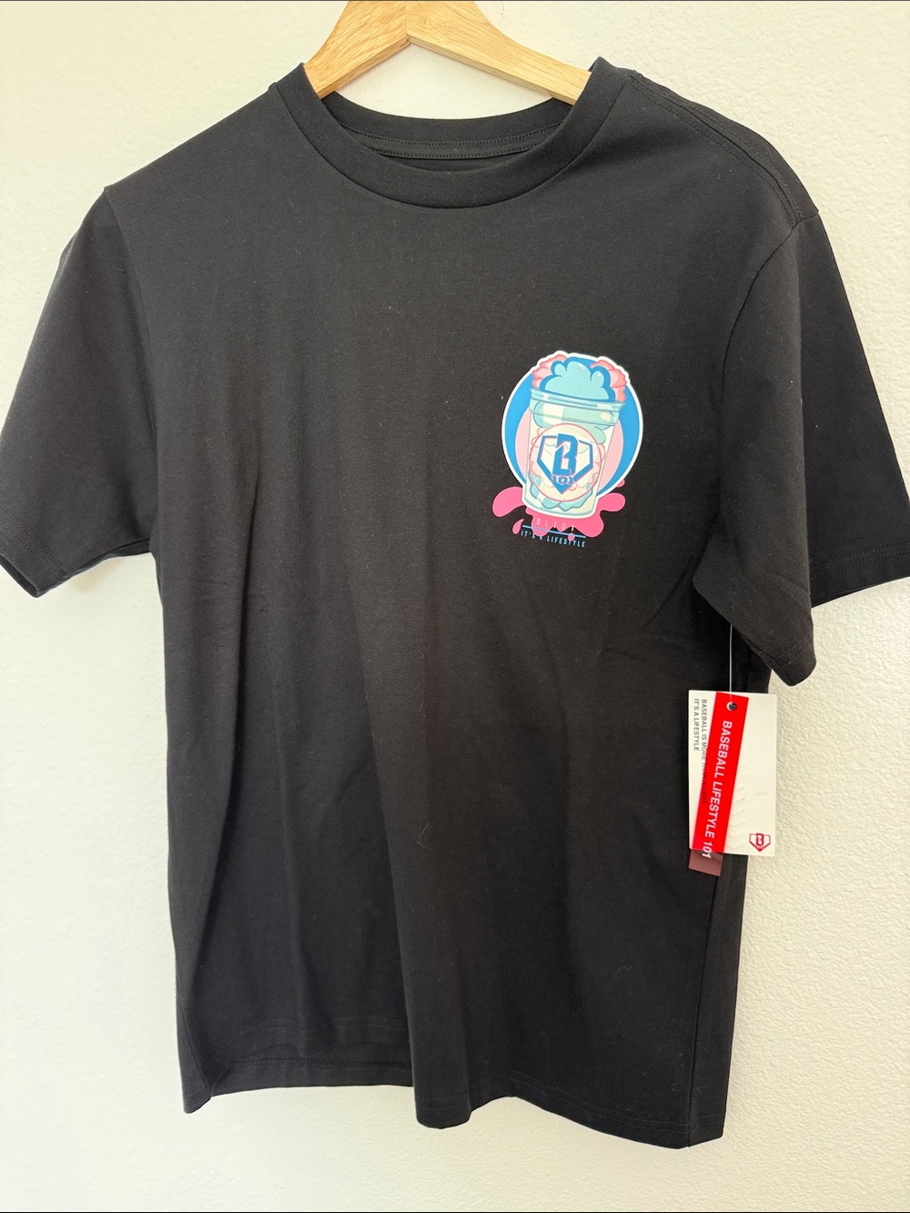 Baseball 101 Kids Black Graphic Tee - Pink & Blue Logo